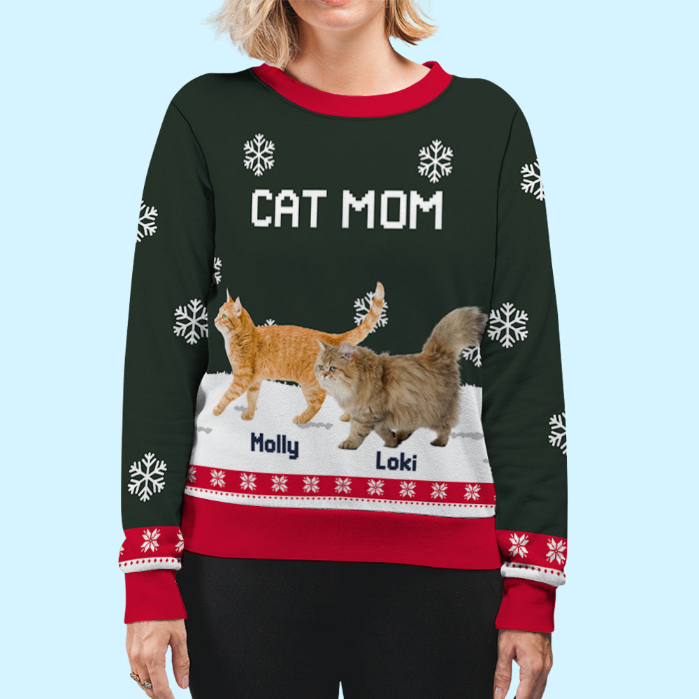 Personalized Custom All-Over-Print Cat Dad/Mom Winter Photo Sweatshirt - Ideal Gift for Pet Lovers