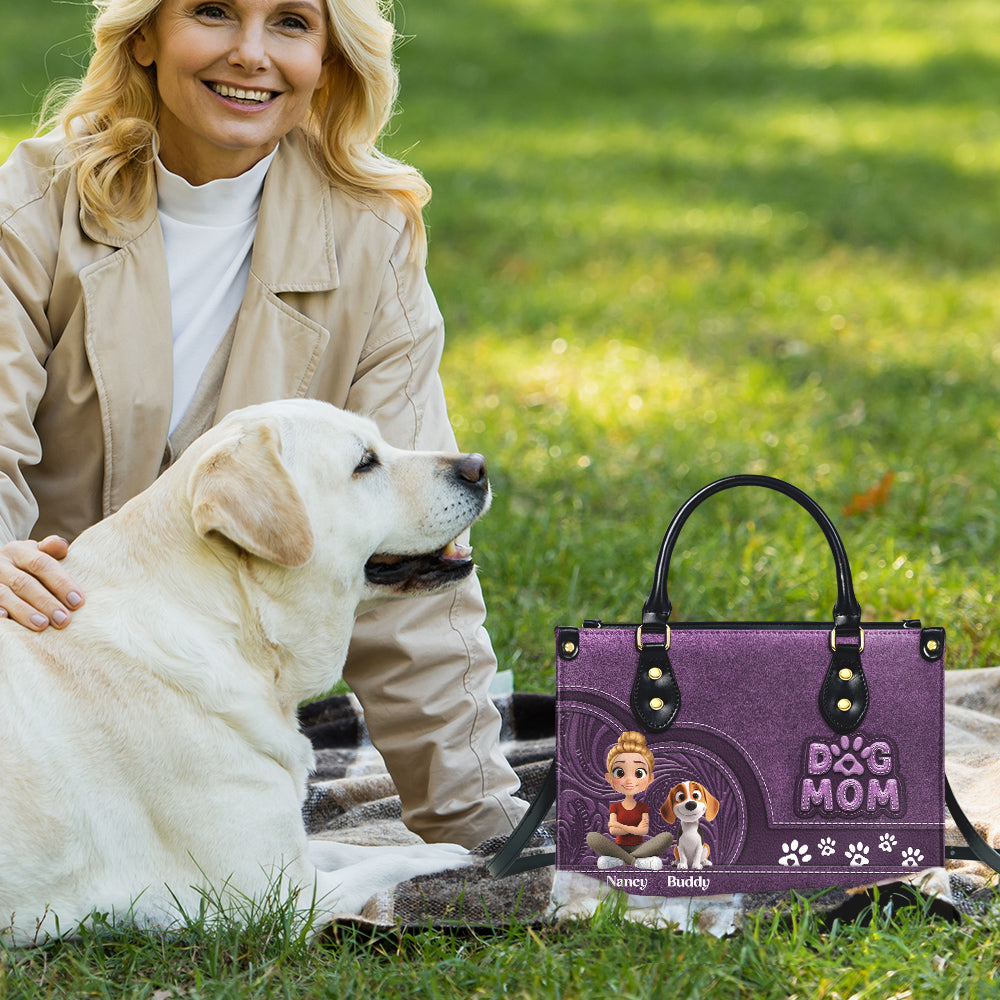 Adorable Chibi Cartoon Dog Mom Personalized Custom Leather Handbag