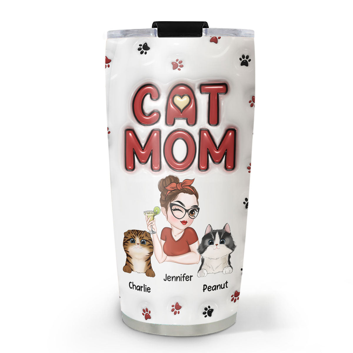 Lovely Cat Mom - Personalized Custom 3D Inflated Effect 20oz Stainless Steel Tumbler for Cold or Hot Drinks
