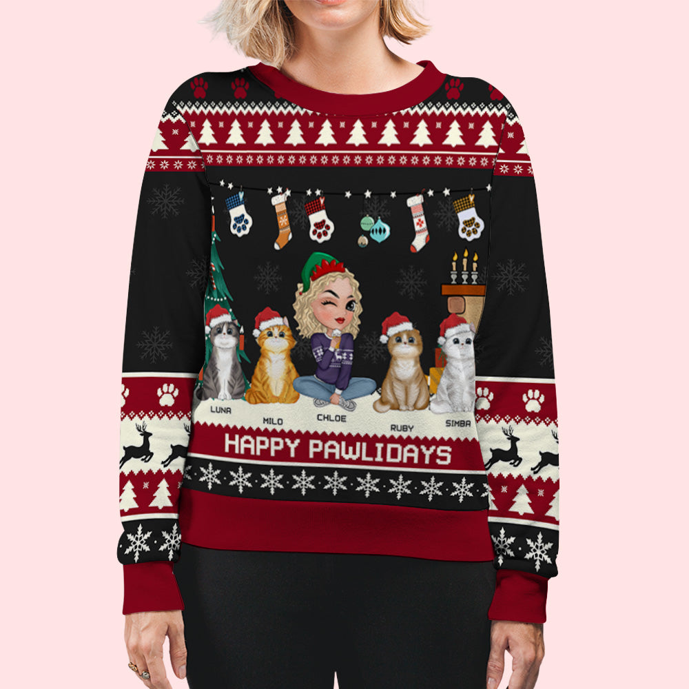 Snowy Pawlidays Cat - Personalized Custom All-Over-Print Unisex 8.8 oz Polyester Blend Sweatshirt