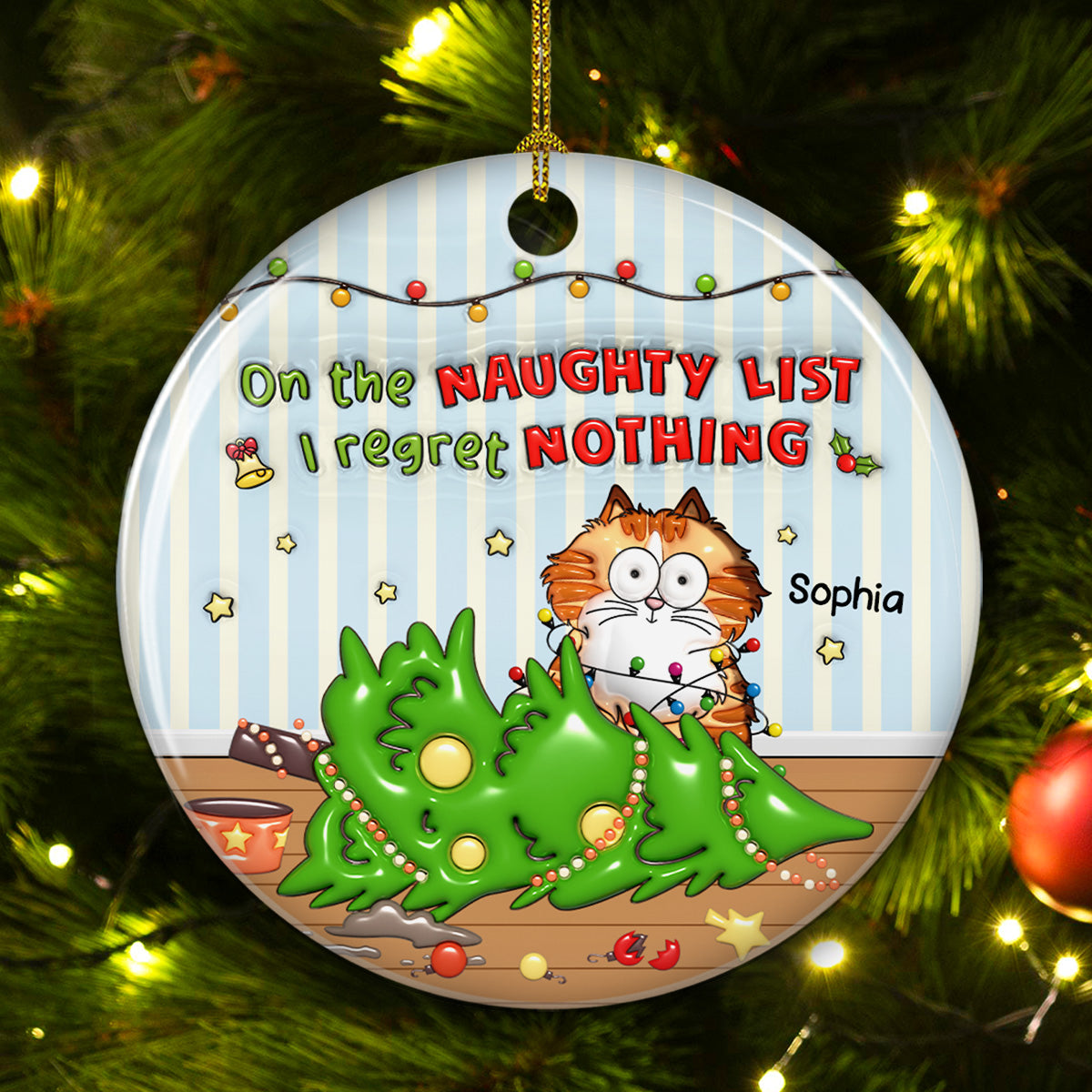 Naughty List Catmas - Customizable 3D Inflated Effect Personalized Premium White Ceramic Christmas Ornament