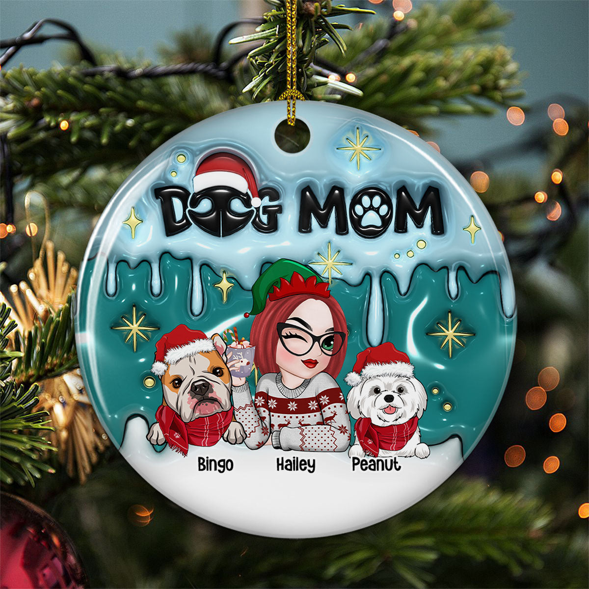 Holiday with Dog Mom - Personalized Custom 3D Inflated Effect Premium White Ceramic Christmas Ornament (3' Diameter)