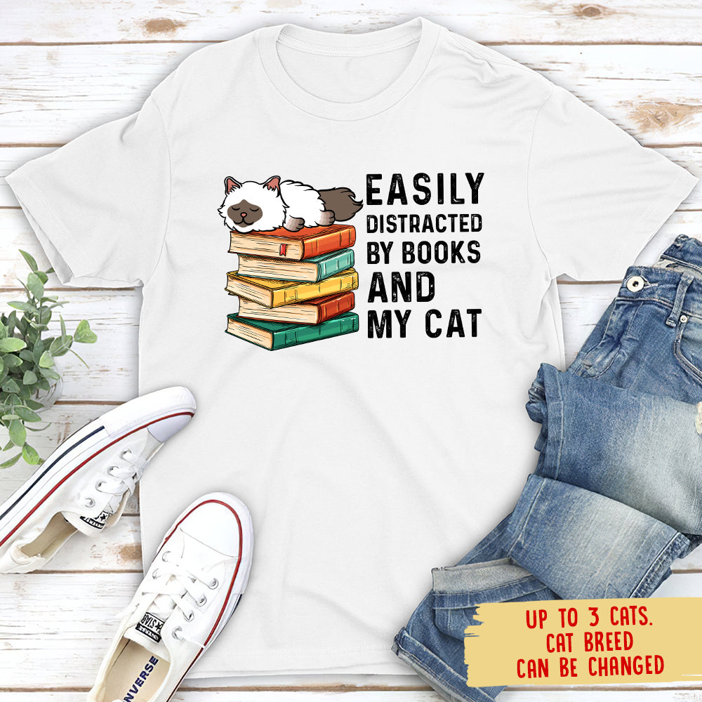 Easily Distracted By Books & Cats - Personalized Custom Unisex 5.3 oz T-shirt for Pet Lovers