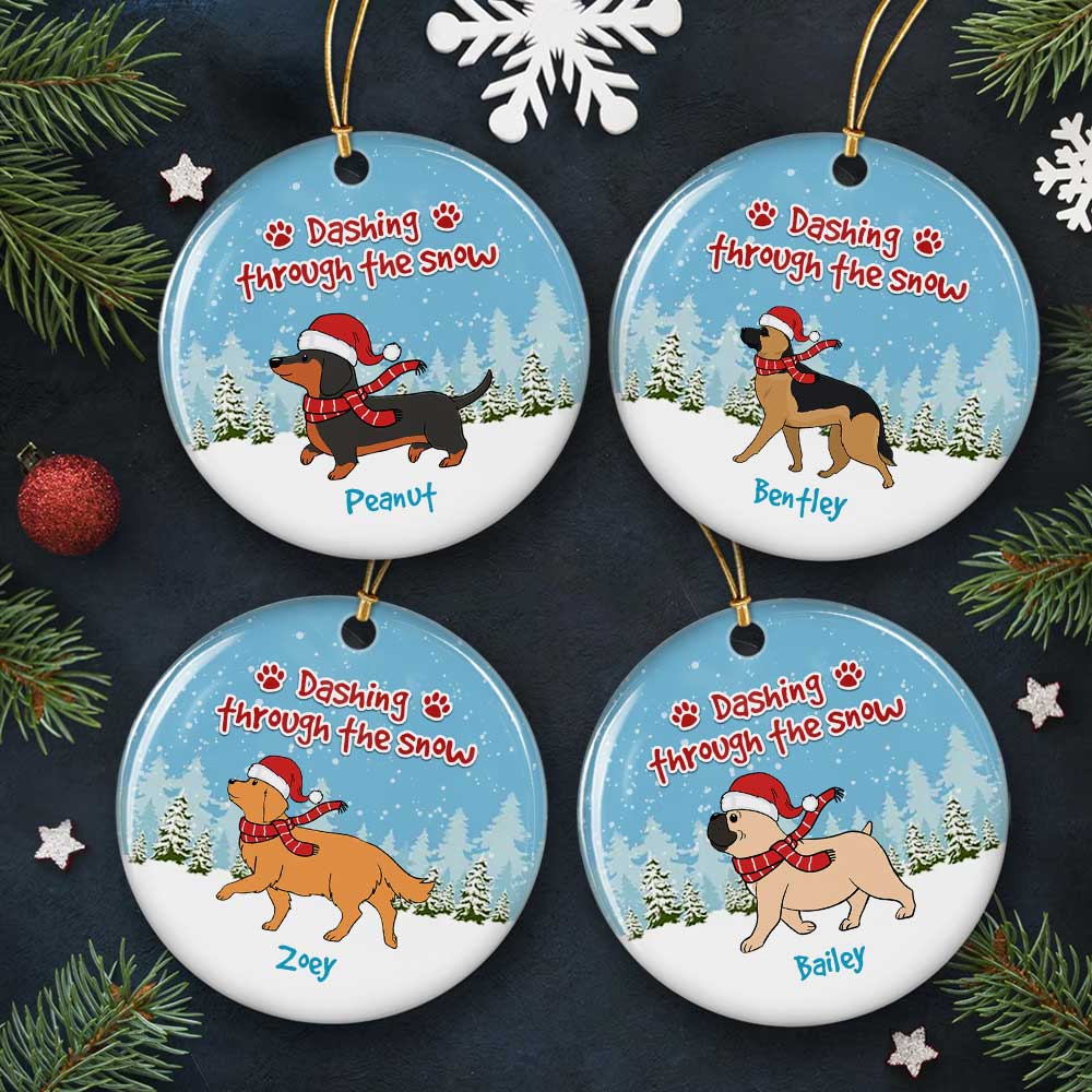 Dashing Through The Snow - Personalized Custom 3-Inch Diameter Circle Ceramic Christmas Ornament for Pet Lovers