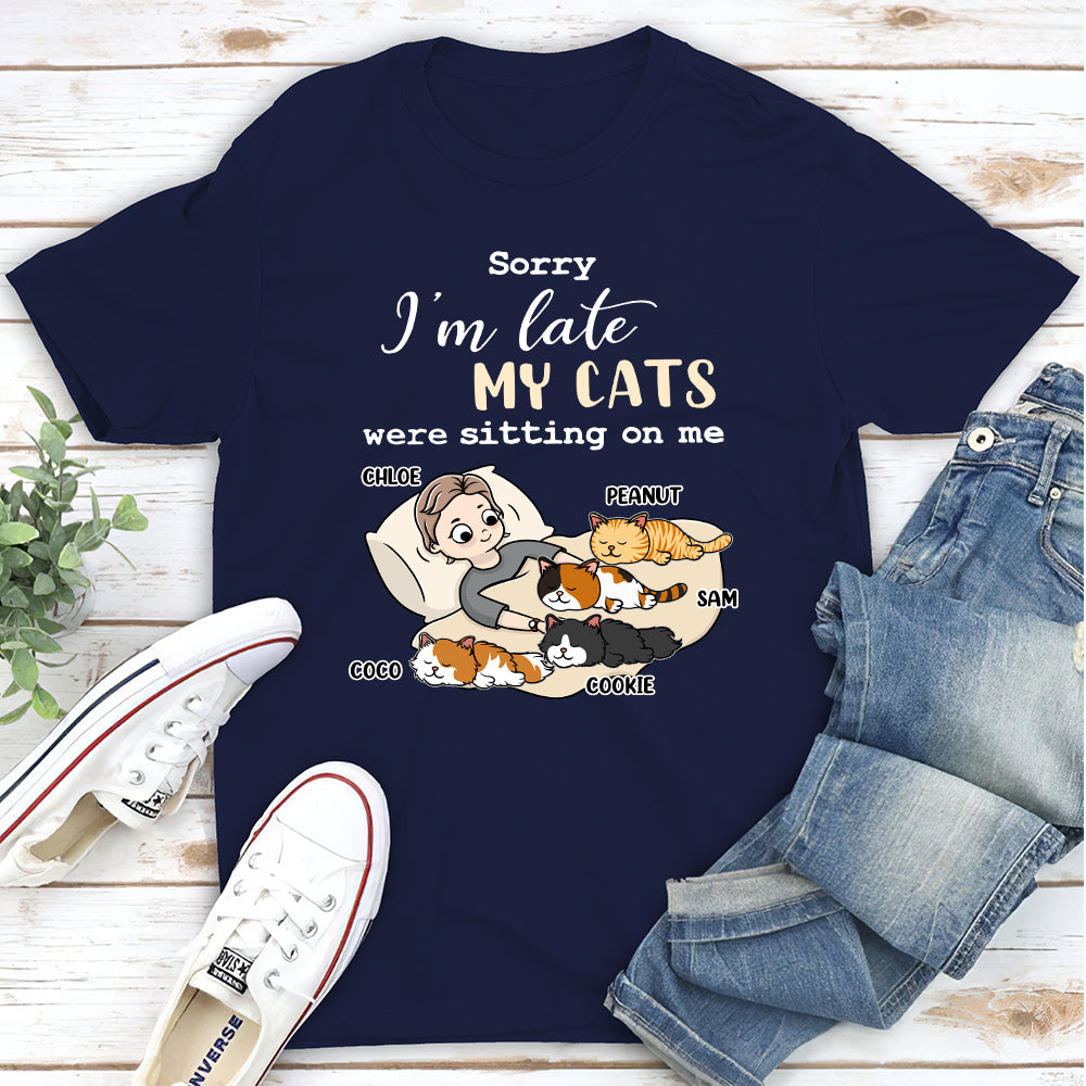 Sorry I'm Late Sleeping Cat - Personalized Custom Unisex 5.3 oz T-shirt for Pet Lovers