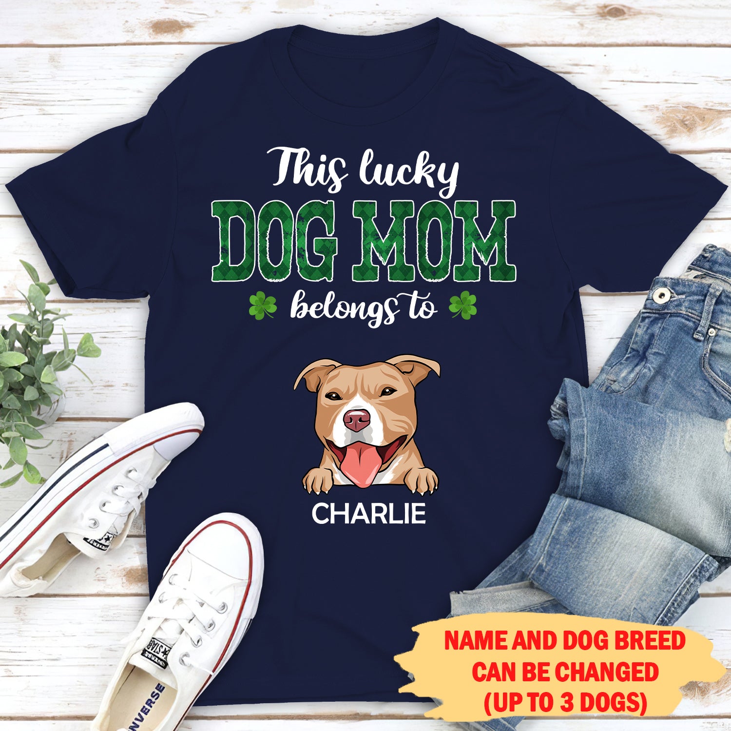 This Lucky Dog Mom Belongs To - Personalized Custom Unisex 5.3 oz Heavy Cotton T-shirt