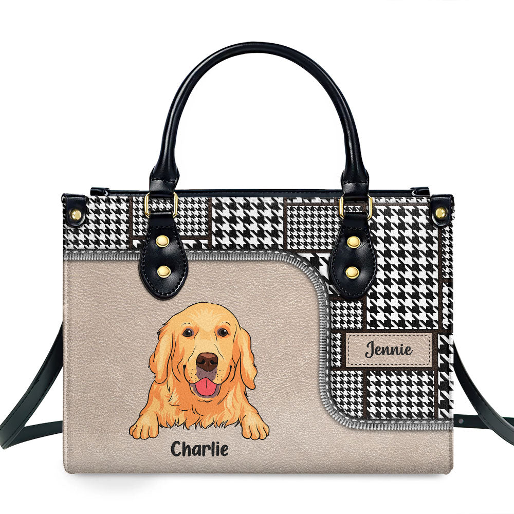 Personalized Custom Houndstooth Pattern Leather Handbag for Fur Baby Lovers