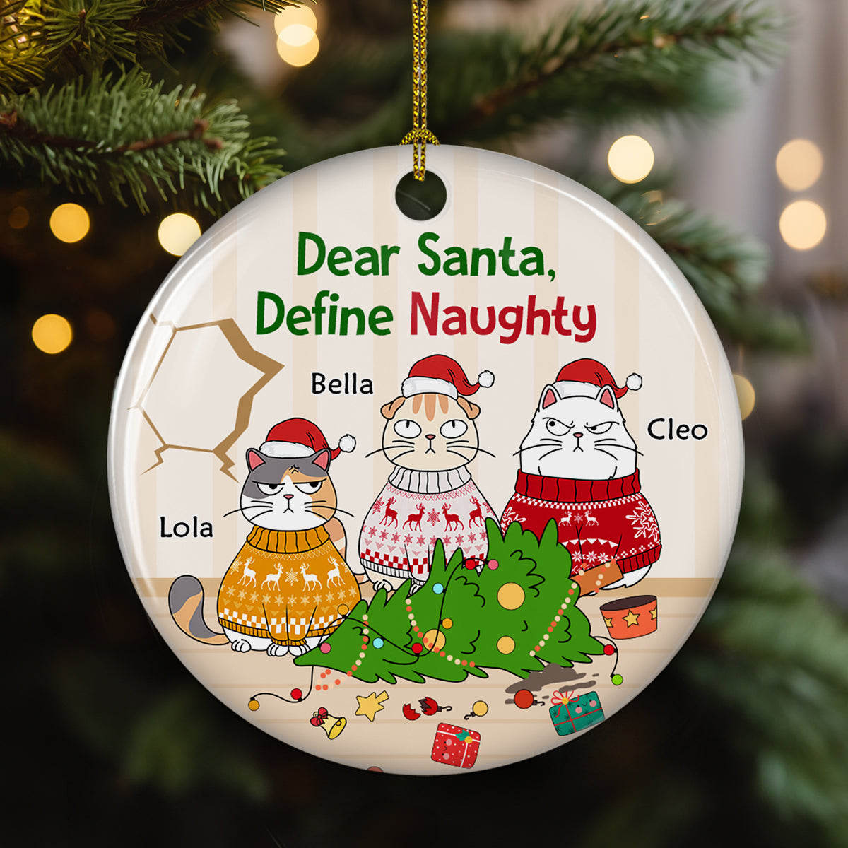 Santa Define Naughty Cats - Premium Personalized Custom Ceramic Christmas Ornament