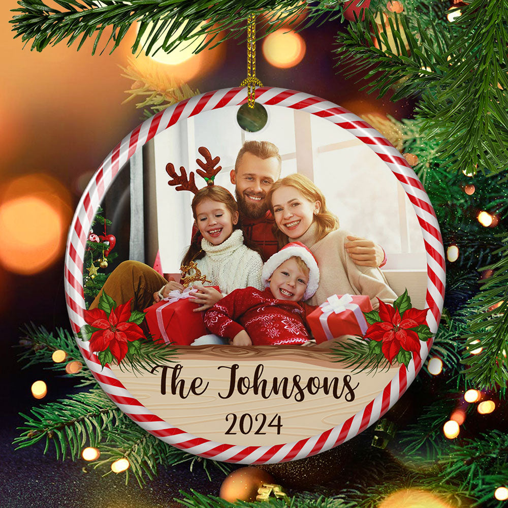 Family Moment - Personalized Custom Glossy Circle Ceramic Christmas Ornament with Red Ribbon, 4' x 2.75' (10cm x 7cm)
