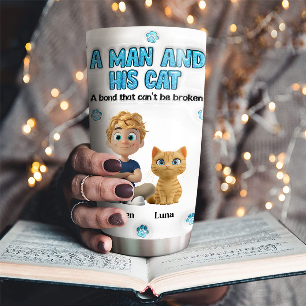 A Man And His Cat - Customizable 3D Inflated Effect 20oz Personalized Stainless Steel Tumbler