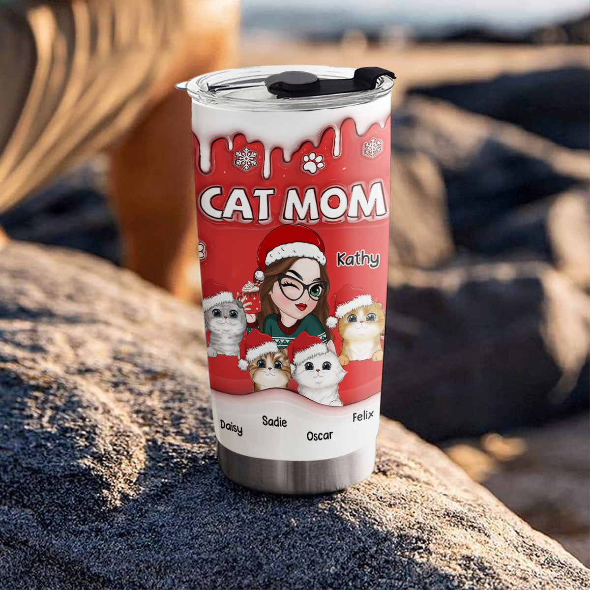 Unique Christmas Mom Of Cats Personalized Custom 3D Inflated Effect 20oz Stainless Steel Tumbler