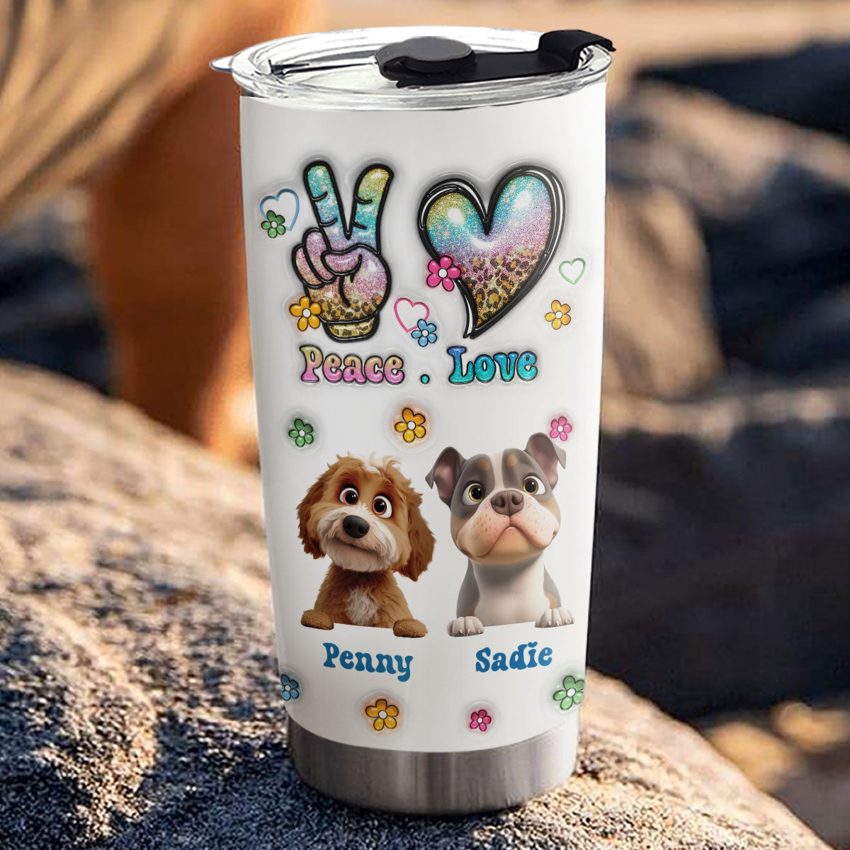 Peace Love Dog - Unique Personalized Custom 3D Inflated Effect 20oz Stainless Steel Tumbler