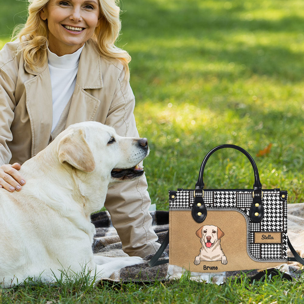 Personalized Custom Houndstooth Pattern Leather Handbag for Fur Baby Lovers
