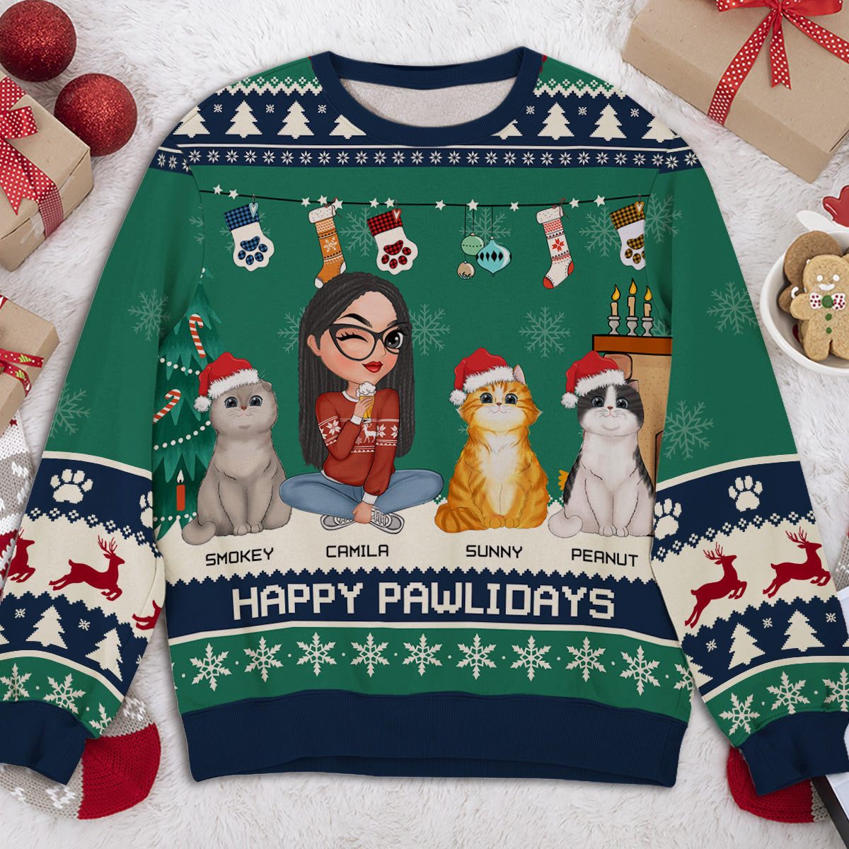 Snowy Pawlidays Cat - Personalized Custom All-Over-Print Unisex 8.8 oz Polyester Blend Sweatshirt