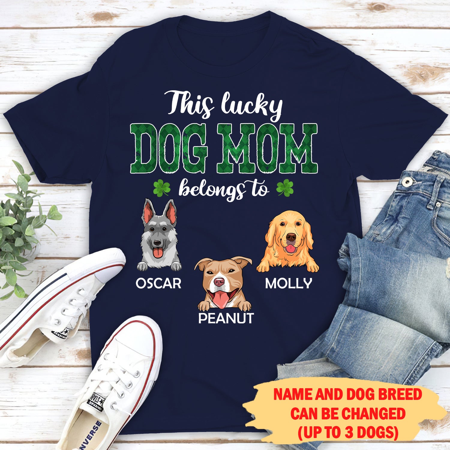 This Lucky Dog Mom Belongs To - Personalized Custom Unisex 5.3 oz Heavy Cotton T-shirt