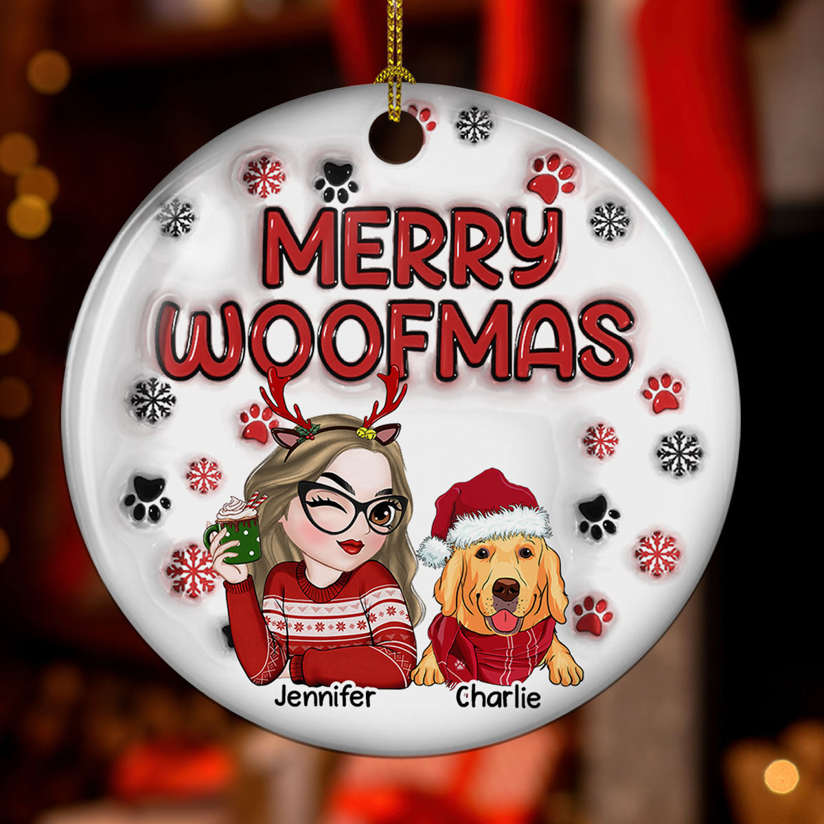 Merry Woofmas Personalized Custom 3D Inflated Effect Premium White Ceramic Dog Mom Christmas Ornament