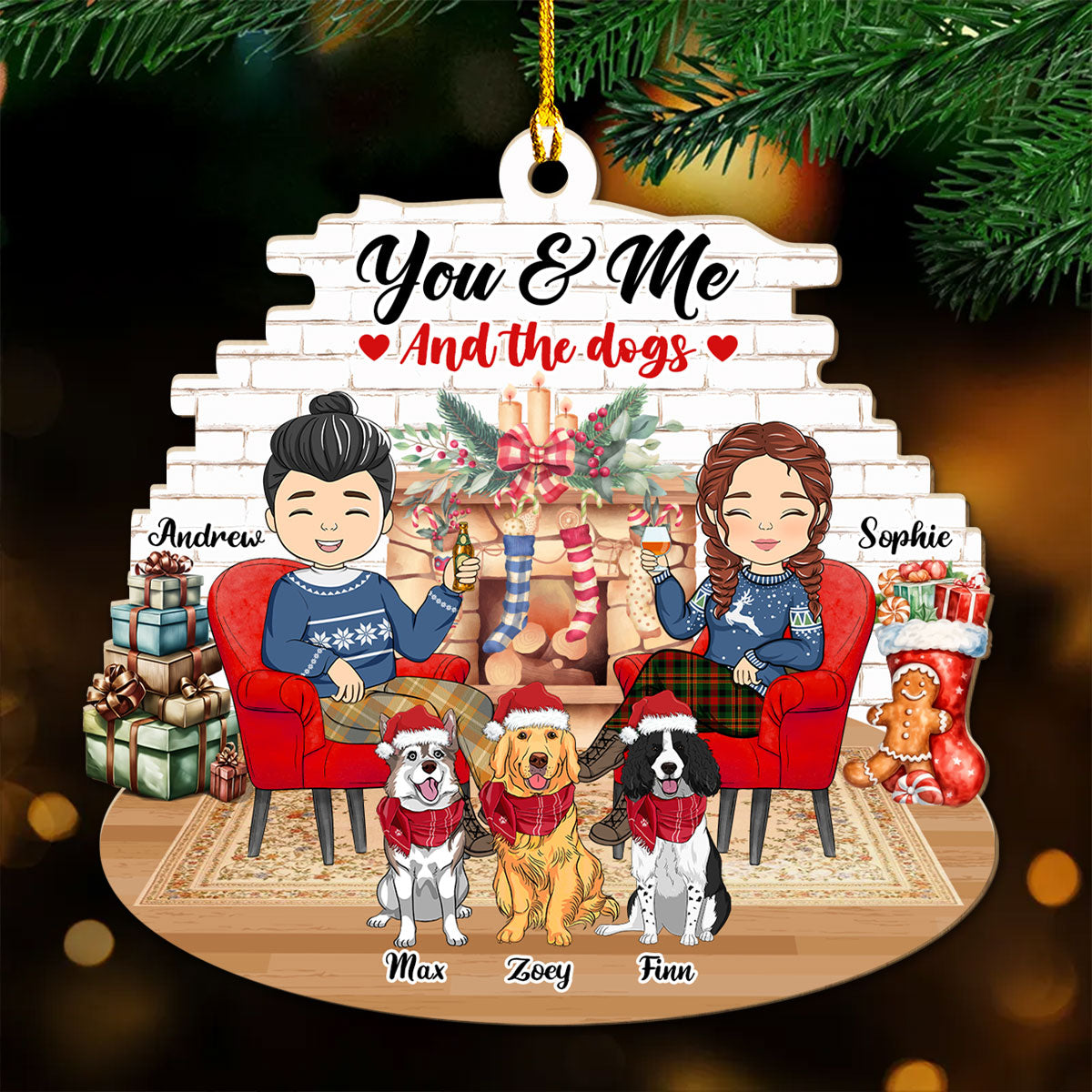 Customizable Couple And Dogs Personalized Wood Christmas Ornament