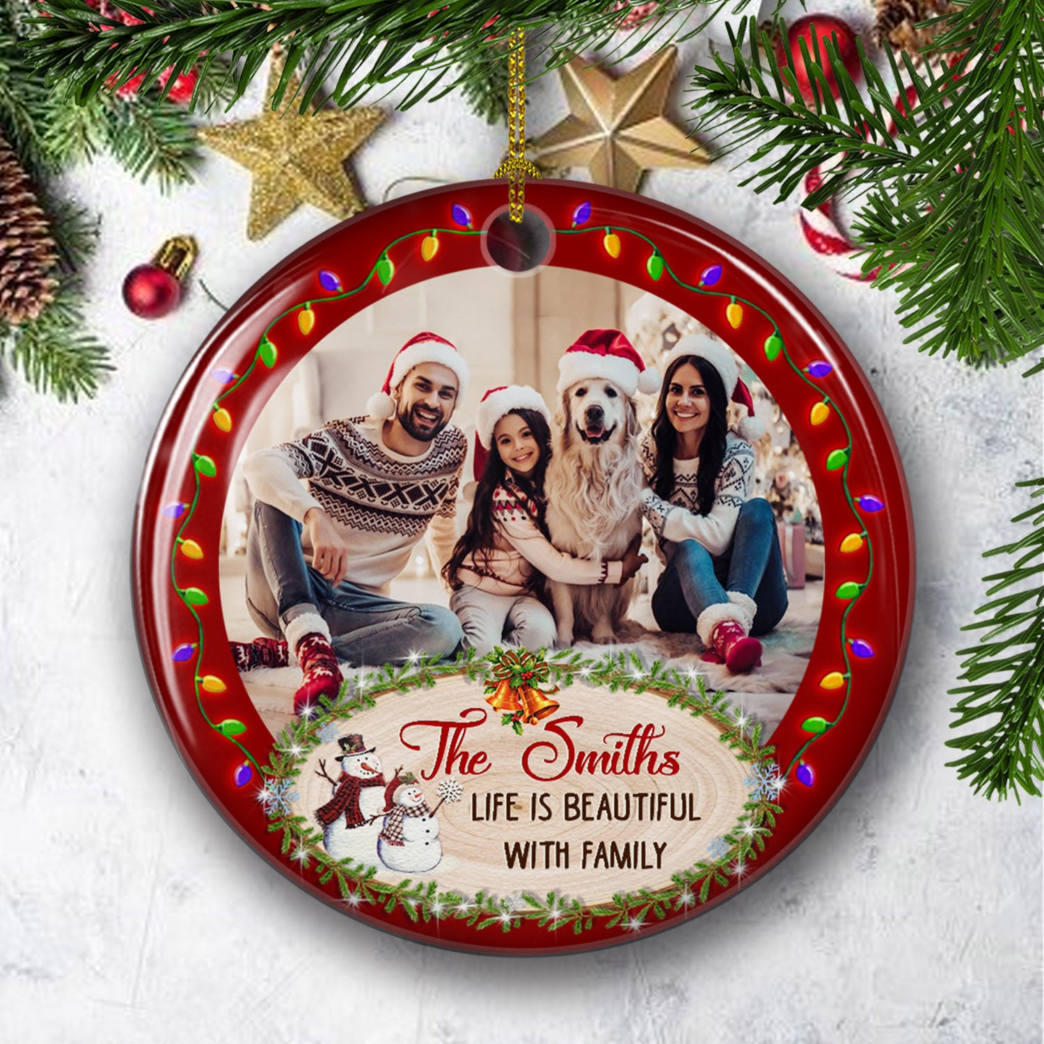 Life Is Beautiful - Personalized Custom Photo Circle Ceramic Ornament with Gloss Finish and Red Ribbon