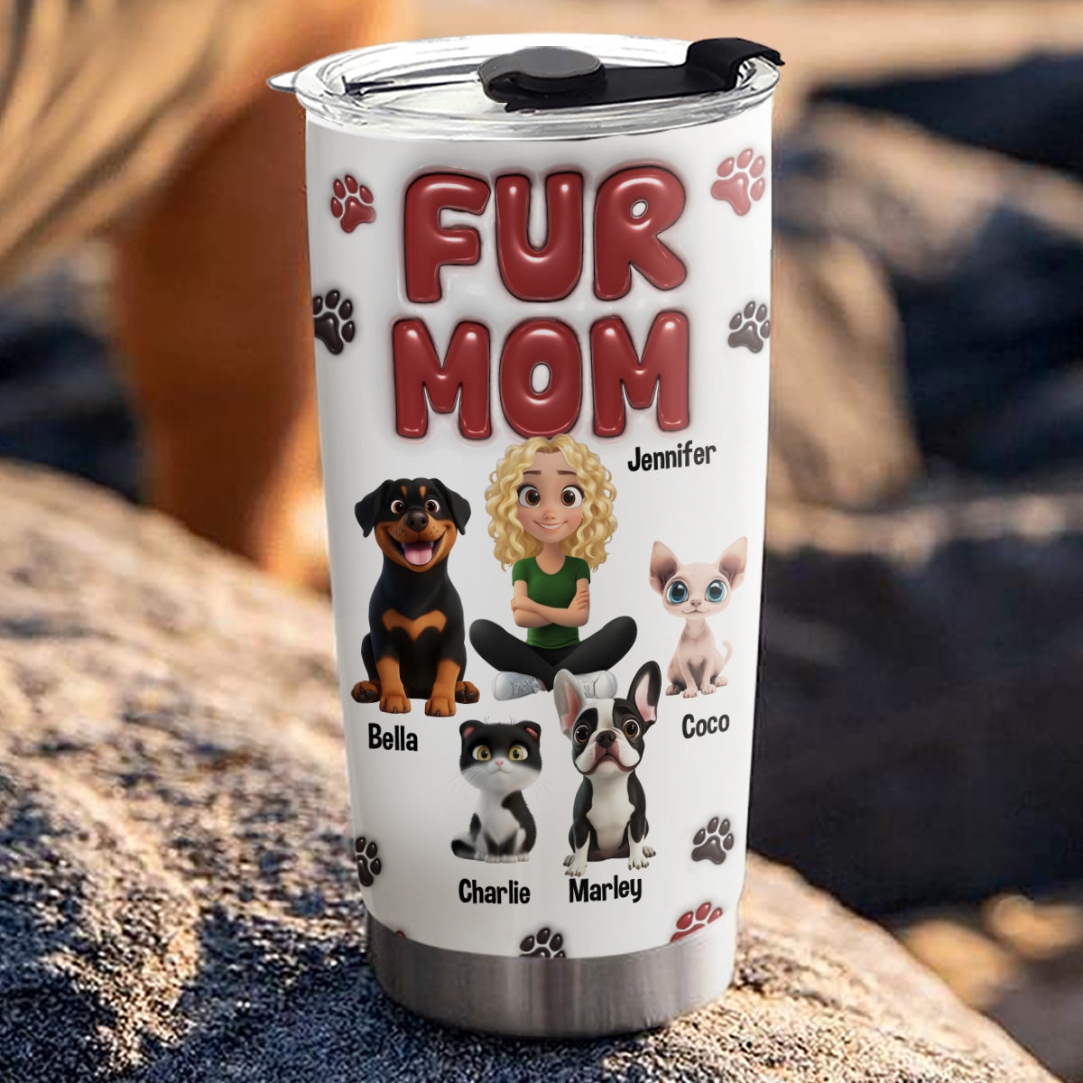 Lovely Fur Mama - Personalized Custom 3D Inflated Effect 20oz Stainless Steel Tumbler for All Occasions