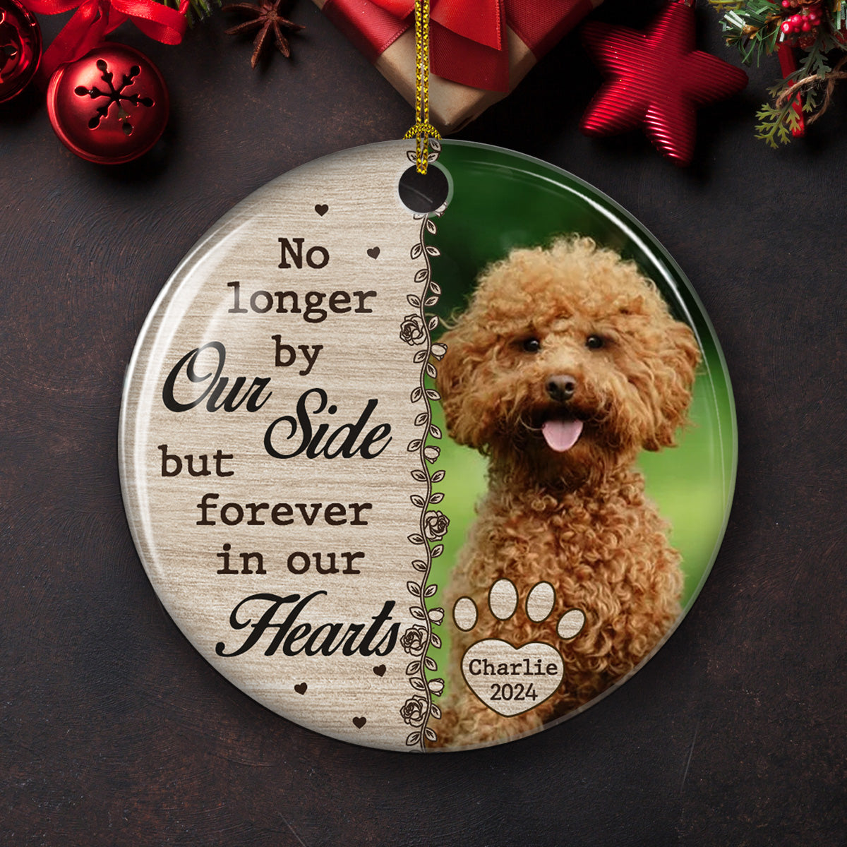 No Longer By Our Side - Personalized Custom Circle Ceramic Christmas Ornament with Vibrant Colors