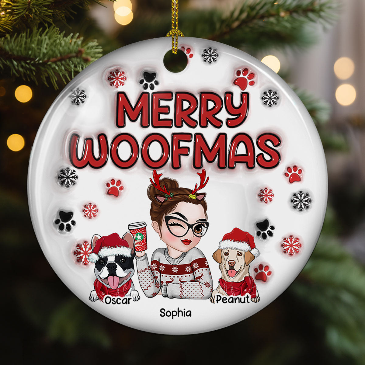 Merry Woofmas Personalized Custom 3D Inflated Effect Premium White Ceramic Dog Mom Christmas Ornament