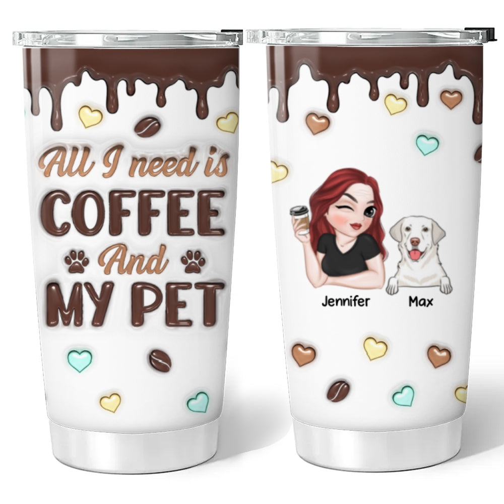 Personalized Custom 3D Inflated Coffee and Pet Themed Tumbler - 20oz High - Quality Stainless Steel