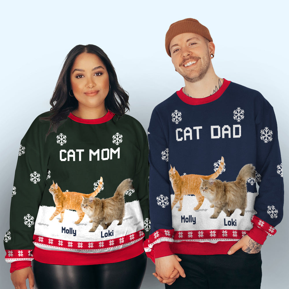Personalized Custom All-Over-Print Cat Dad/Mom Winter Photo Sweatshirt - Ideal Gift for Pet Lovers
