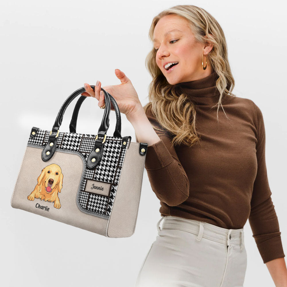 Personalized Custom Houndstooth Pattern Leather Handbag for Fur Baby Lovers