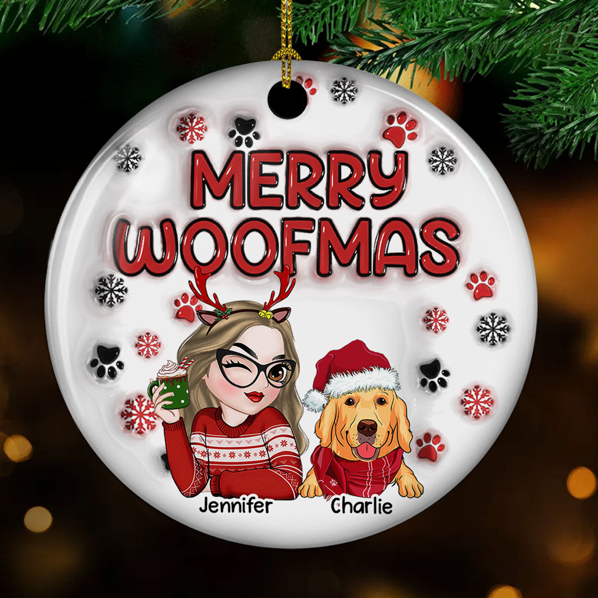 Merry Woofmas Personalized Custom 3D Inflated Effect Premium White Ceramic Dog Mom Christmas Ornament