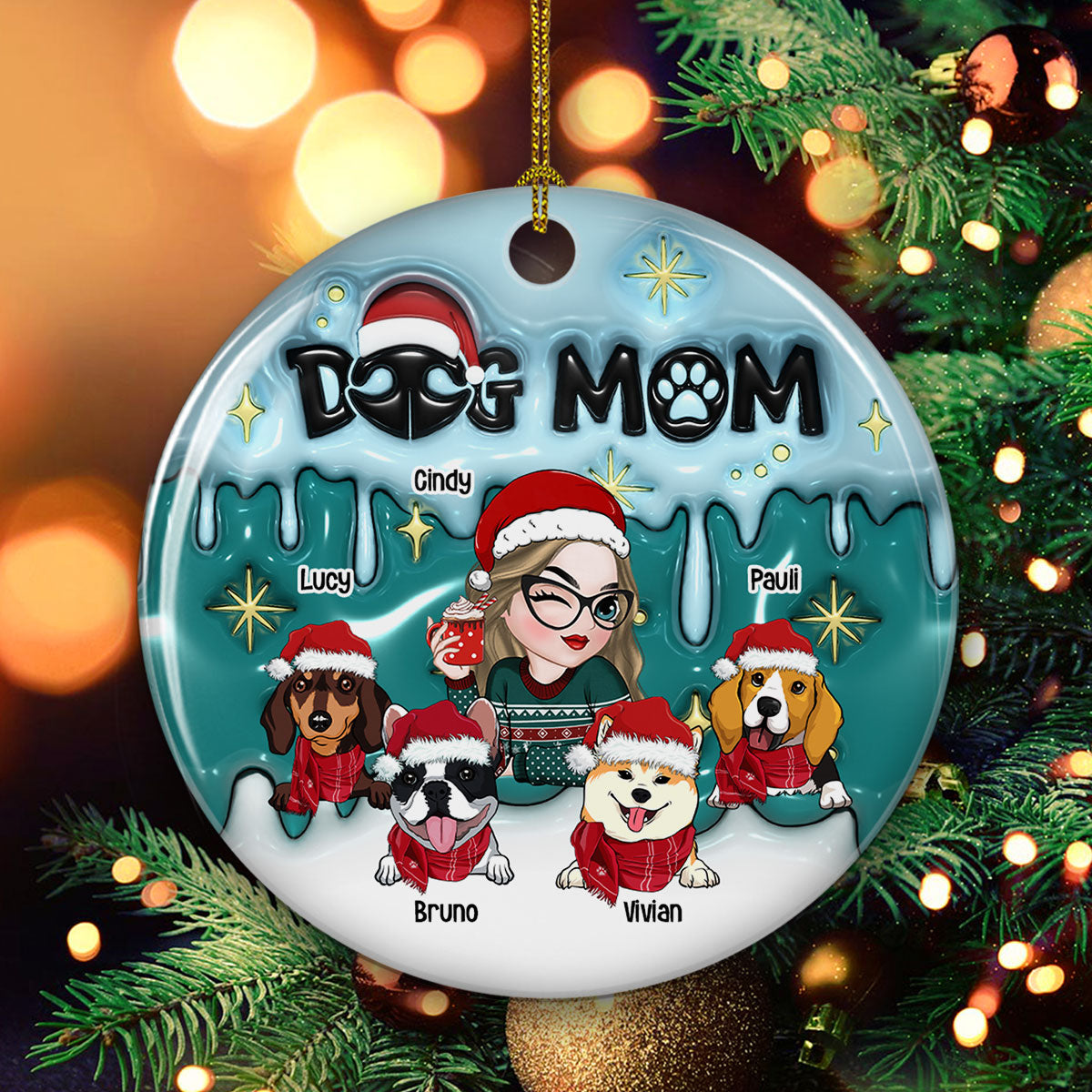 Holiday with Dog Mom - Personalized Custom 3D Inflated Effect Premium White Ceramic Christmas Ornament (3' Diameter)